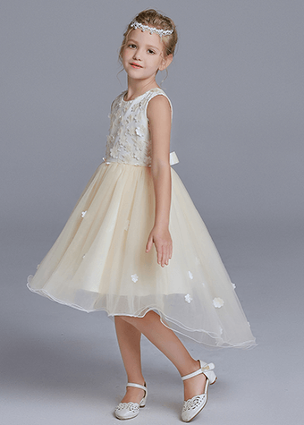 Wedding Party Wear Appliqued Layered Tulle Skirt Birthday Kids Dresses 