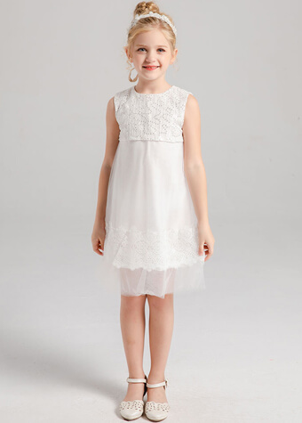 White Lace and Tulle Dress A-Line Sleeveless Kids Dresses For Littel Girls 
